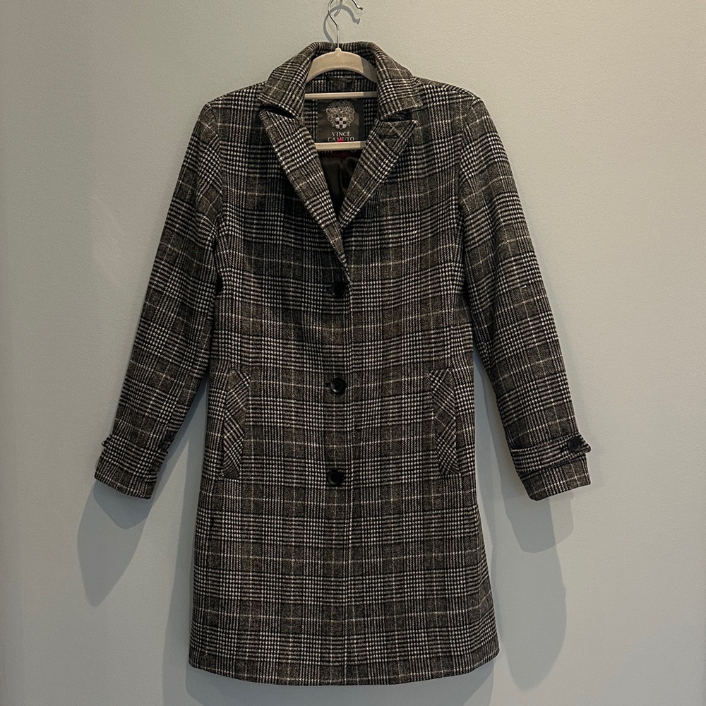 Vince Camuto Black and White Plaid Trench Coat